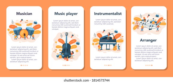 Professional musician mobile application banner set. Young performer playing music with professional equipment. Talented musicians, jazz and rock band performance. Vector illustration.