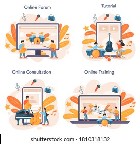 Professional musician online service or platform set. Young performer playing music with professional equipment. Online consultation, forum, tutorial, training. Vector illustration.
