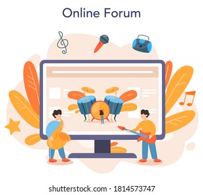 Professional musician online service or platform. Young performer playing music with professional equipment. Online forum. Vector illustration.