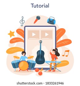 Professional musician online service or platform. Young performer playing music with professional equipment. Online tutorial. Vector illustration.