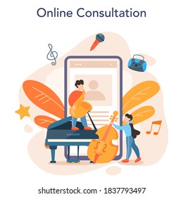 Professional musician online service or platform. Young performer playing music with professional equipment. Online consultation. Vector illustration.