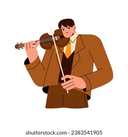 Músico profesional toca violín con arco. Actuación violinista en instrumento de cuerda. Clase de pie, lección. Espectáculo musical clásico solo. Ilustración vectorial aislada plana sobre fondo blanco.