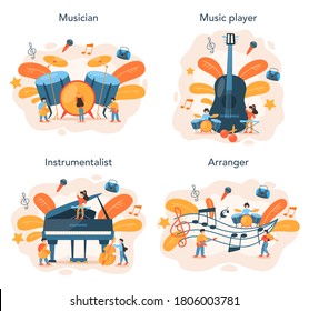 Professional musician playing musical instruments set. Young performer playing music with professional equipment. Talented musicians, jazz and rock band performance. Vector illustration.