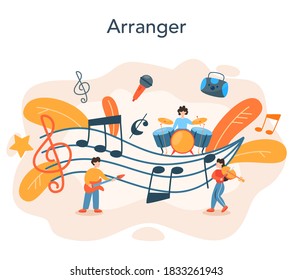 Professional musician playing musical instruments. Young performer playing music with professional equipment. Talented musicians, jazz and rock band performance. Vector illustration.