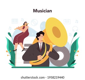 Professional musician playing musical instruments. Young performer