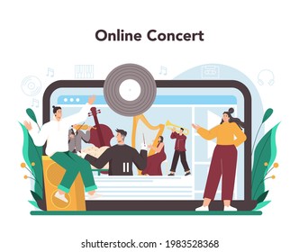 Professional musician playing musical instruments online service or platform. Talented musicians performance. Online concert. Vector flat illustration.