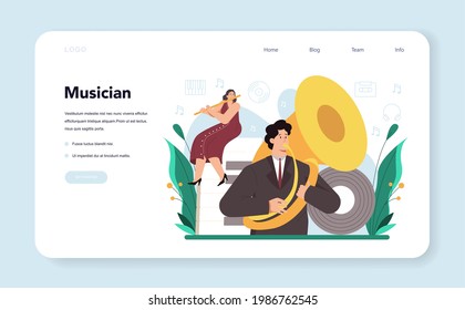 Professional musician playing musical instruments web banner or landing page. Performer playing music. Talented musicians, jazz and rock band performance. Vector flat illustration.