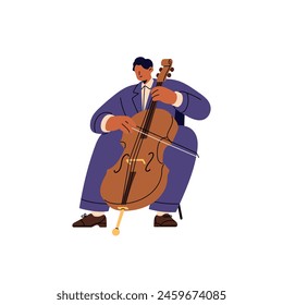 Professional musician plays cello. Violoncello player is on symphony concert. Cellist performs classical music on performance with bowed string instrument. Flat isolated vector illustration on white