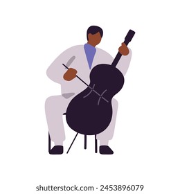 Professional musician plays the double bass at orchestra concert. Performer shows with viola, string instrument. Classic music performance. Flat isolated vector illustration on white background