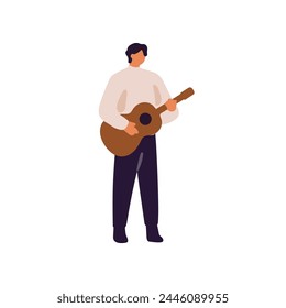 Professional musician plays guitar. Guitarist's performance with song. Artist performs with music show. Performer stands, holds string instrument. Flat isolated vector illustration on white background