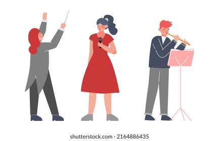 Professional musician, singer and conductor characters performing on stage vector illustration