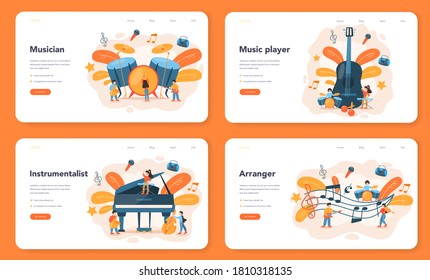 Professional musician web banner or landing page set. Young performer playing music with professional equipment. Talented musicians, jazz and rock band performance. Vector illustration.