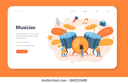 Professional musician web banner or landing page. Young performer playing music with professional equipment. Talented musicians, jazz and rock band performance. Vector illustration.