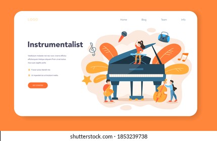 Professional musician web banner or landing page. Young performer playing music with professional equipment. Talented musicians, jazz and rock band performance. Vector illustration.