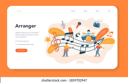 Professional musician web banner or landing page. Young performer playing music with professional equipment. Talented musicians, jazz and rock band performance. Vector illustration.