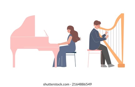 Professional musicians playing grand piano and harp musical instruments vector illustration