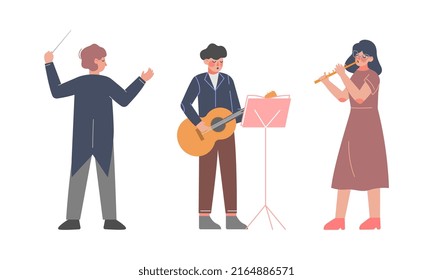 Músicos profesionales tocando instrumentos musicales de guitarra y flauta. Realización de conductores en ilustración de vector de etapa