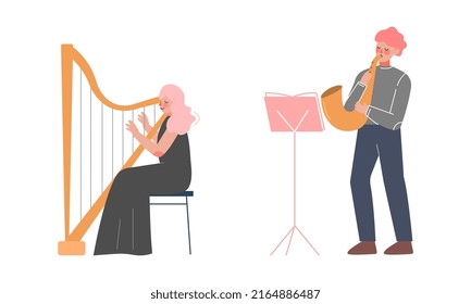 Professional musicians playing harp and wind musical instrument vector illustration