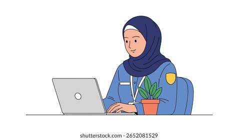 A professional muslim woman wearing a hijab works diligently at her laptop in an office setting showcasing dedication and productivity