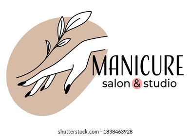 Professional nail care and treatment in manicure and pedicure salon. Beauty studio with procedures and healthy and beautiful fingernails. Elegant female hand with floral branch, vector in flat