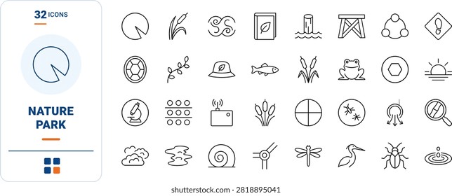 Professional nature environment line icon set containing graphic resources for marsh conservation, outdoor parks, and swamp biology in a thin linear illustration style.