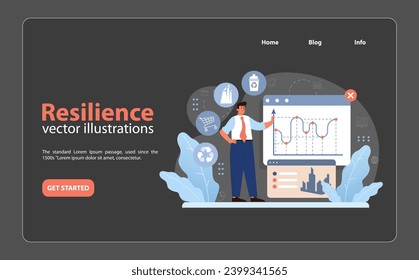 Professional navigating city sustainability metrics. Resilience concept illustrating a man analyzing urban eco-friendly trends and data. Promoting greener urban lifestyles. Flat vector illustration