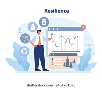 Professional navigating city sustainability metrics. Resilience concept illustrating a man analyzing urban eco-friendly trends and data. Promoting greener urban lifestyles. Flat vector illustration