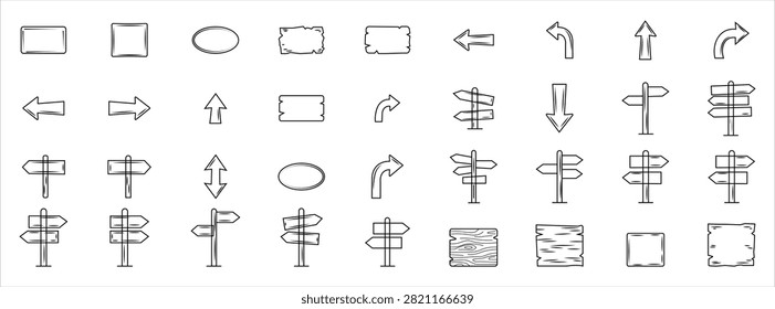 A professional navigation vector illustration set featuring forty hand-drawn road sign and arrow sketches isolated on a solid white background. This generic design showcasing rustic wood plaques, directional arrows, indicator posts, maps, positions, directions, offices, art, bubbles, collections, flags, illustrations, designs, doodles, houses, icons, pedestrians, symbols, vectors, walking, and billboard blank frames provides an ideal choice for travel blogs, game map interfaces, and creative infographic layouts