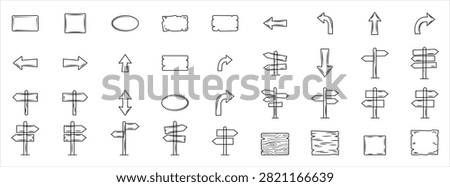 A professional navigation vector illustration set featuring forty hand-drawn road sign and arrow sketches isolated on a solid white background. This generic design showcasing rustic wood plaques, directional arrows, indicator posts, maps, positions, directions, offices, art, bubbles, collections, flags, illustrations, designs, doodles, houses, icons, pedestrians, symbols, vectors, walking, and billboard blank frames provides an ideal choice for travel blogs, game map interfaces, and creative infographic layouts