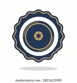 Professional navy blue camera lens badge icon for photography branding. Vector illustration.