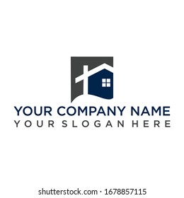Professional navy blue and gray vector logo featuring a house silhouette created with negative space inside a geometric square. This clean and sophisticated icon is perfect for real estate agencies, home builders, mortgage brokers, and property management firms.