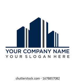 A professional navy blue vector logo featuring a minimalist urban skyline with three stylized skyscrapers. This clean, architectural design communicates stability and growth, making it perfect for real estate agencies, property development firms, architecture studios, and corporate investment companies.