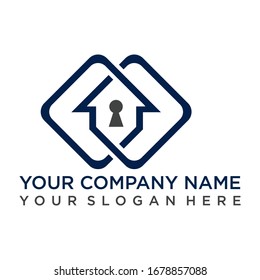 A professional navy blue vector logo featuring a minimalist house silhouette with a central keyhole, enclosed by two interlocking rounded square frames. This clean, geometric design symbolizes home protection, real estate security, and interlocking safety systems, making it ideal for locksmiths, home automation companies, and security service providers.