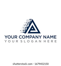 Professional navy blue vector logo featuring a geometric triangle with a pixelated or digital dispersion effect on one side. This innovative and dynamic icon is ideal for software development, data analytics, tech startups, and digital transformation agencies.
