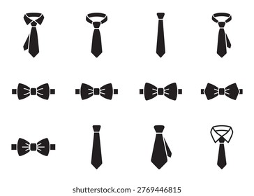 Professional necktie and bow tie collection. Vector illustration of black dress accessories for official wedding and men fashion.