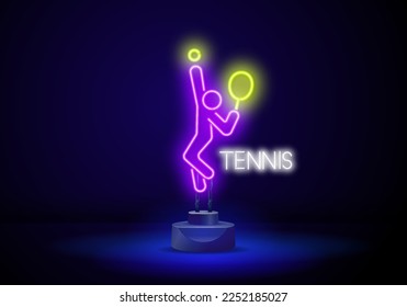 Ilustración profesional del neón tenista. Jugador de tenis de neón lineal ligero sobre fondo negro. Equipo de juego de tenis Vector de señal de luz de neón.