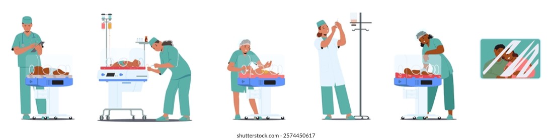 Professional neonatologist caring for newborn preterm babies in emergency incubator box of pediatric clinic. Happy parents looking through glass. Prematurity resuscitation vector illustration