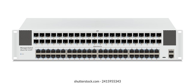 Professioneller Netzwerkschalter für einzelne Gigabit-Geräte einzeln auf weißem Hintergrund mit SFP-Ports und
RJ45 Modulare Stecker für feste Cat5-, Cat5e-, CAT6-Ethernet-Kabel-Anschlüsse.  Vektorgrafik.