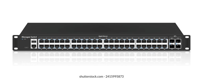 Professional network industrial gigabit switch isolated on white background with SFP ports, poe port, RJ45 Modular plugs for solid Cat5, Cat5e, CAT6 Ethernet Cable connecters.  Vector illustration.