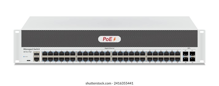 Professional network industrial gigabit switch isolated on white background with SFP ports, poe port, RJ45 Modular plugs for solid Cat5, Cat5e, CAT6 Ethernet Cable connecters.  Vector illustration.