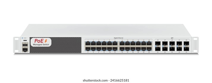 Professional network industrial gigabit switch isolated on white background with SFP ports, poe port, RJ45 Modular plugs for solid Cat5, Cat5e, CAT6 Ethernet Cable connecters.  Vector illustration.