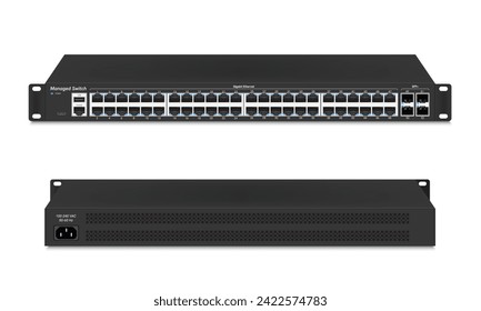 Professional network industrial gigabit switch isolated on white background with SFP ports, poe port, RJ45 Modular plugs for solid Cat5, Cat5e, CAT6 Ethernet Cable connecters.  Vector illustration.