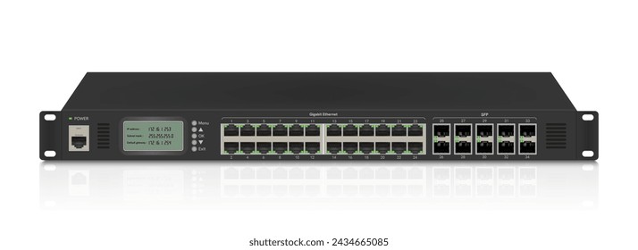 Professional network industrial gigabit switch isolated on white background with SFP ports, poe port, RJ45 Modular plugs for solid Cat5, Cat5e, CAT6 Ethernet Cable connecters.  Vector illustration.