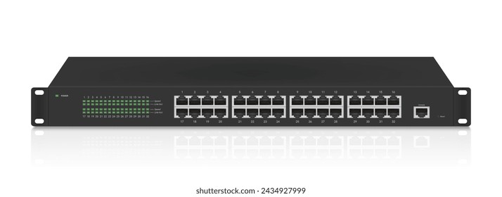 Professional network industrial gigabit switch isolated on white background with SFP ports, poe port, RJ45 Modular plugs for solid Cat5, Cat5e, CAT6 Ethernet Cable connecters.  Vector illustration.