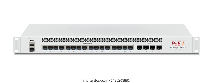 Conmutador gigabit industrial de red profesional aislado sobre fondo blanco con puertos SFP, puerto poe, enchufes modulares RJ45 para conectores de cable Ethernet sólidos Cat5, Cat5e, CAT6.  Ilustración vectorial.