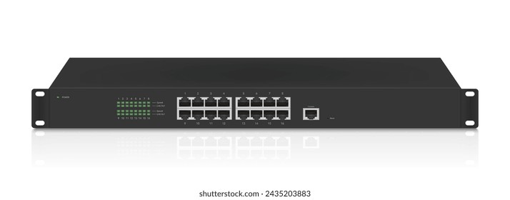 Conmutador gigabit industrial de red profesional aislado sobre fondo blanco con puertos SFP, puerto poe, enchufes modulares RJ45 para conectores de cable Ethernet sólidos Cat5, Cat5e, CAT6.  Ilustración vectorial.