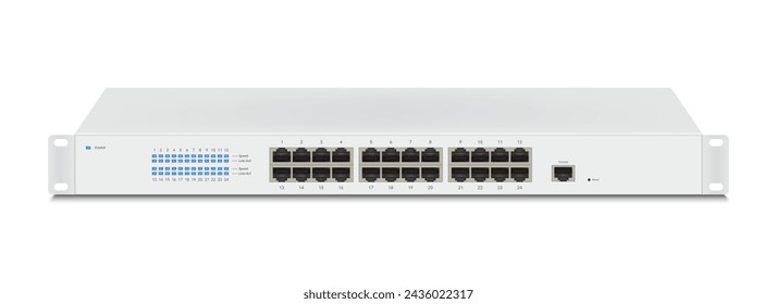 Professional network industrial gigabit switch isolated on white background with SFP ports, poe port, RJ45 Modular plugs for solid Cat5, Cat5e, CAT6 Ethernet Cable connecters.  Vector illustration.