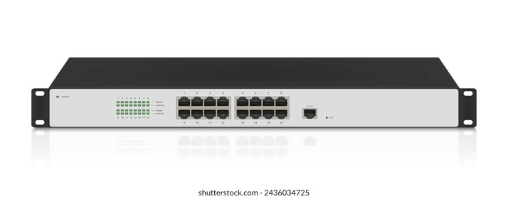 Professional network industrial gigabit switch isolated on white background with SFP ports, poe port, RJ45 Modular plugs for solid Cat5, Cat5e, CAT6 Ethernet Cable connecters.  Vector illustration.