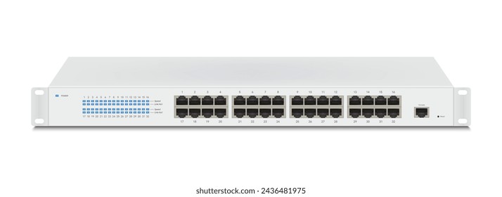 Professioneller Netzwerk-Industrie-Gigabit-Switch isoliert auf weißem Hintergrund mit SFP-Ports, PoE-Port, RJ45 Modular-Stecker für solide Cat5-, Cat5e-, CAT6-Ethernet-Kabelanschlüsse.  Vektorgrafik.