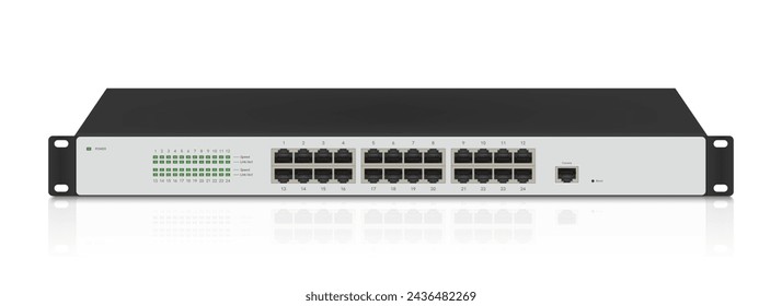 Professional network industrial gigabit switch isolated on white background with SFP ports, poe port, RJ45 Modular plugs for solid Cat5, Cat5e, CAT6 Ethernet Cable connecters.  Vector illustration.